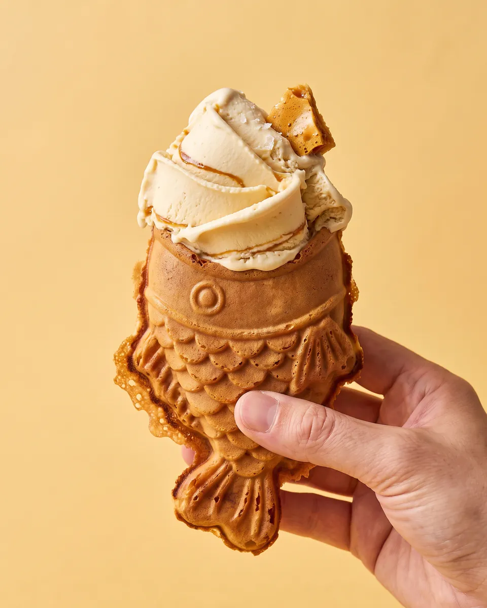 A hand holding a warm, fish-shaped Catch Cone piled high with small-batch gelato.
